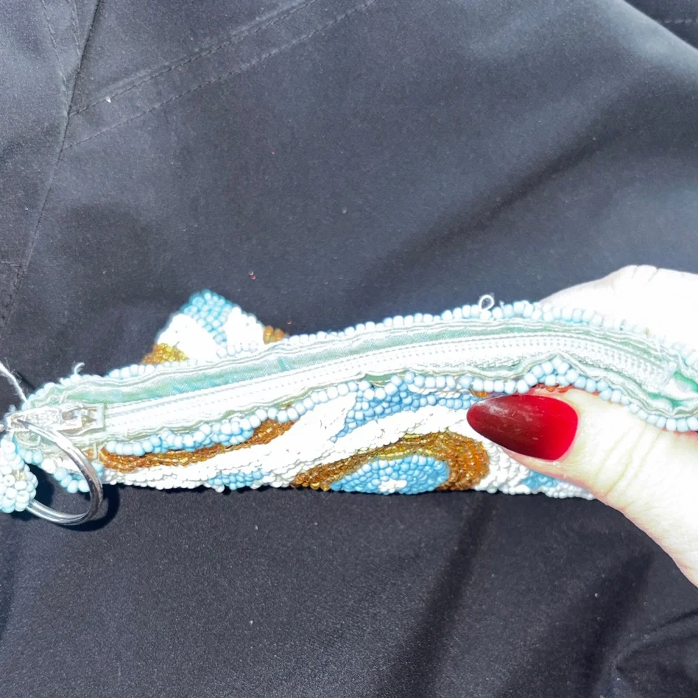 Beaded Clutch with vintage 1960s beaded Blue and Gold Accents - Picture 4 of 5